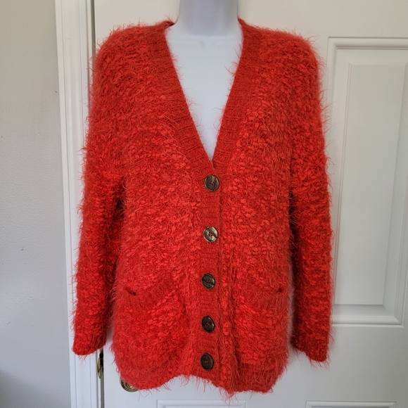 MOTH Anthropologie Red Cardigan Eyelash Sweater Buttons Pockets Soft Size XS - Picture 1 of 11